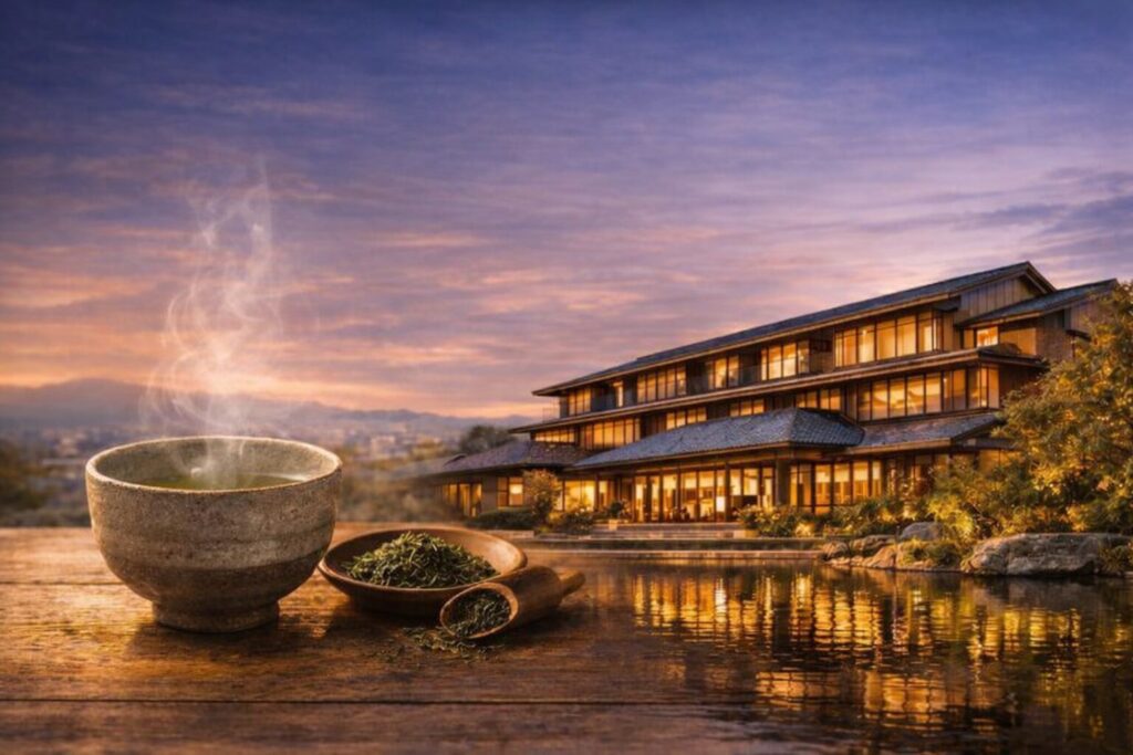 カペラ京都の開業と大原・茶屋次郎兵衛の香り、京都の夕景とお茶のイメージ画像